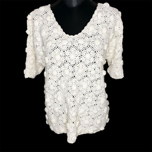 Vintage Rosanna Sweater Short Sleeve Crochet Bobble Pompom Knit Cream Size Large - Picture 1 of 9